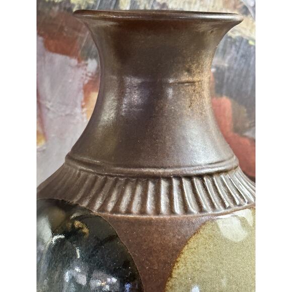 VTG MCM Earthenware Stone Pottery Craft Robert Maxwell Vase Brown Blue 9” - Picture 5 of 5